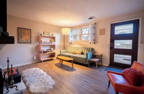 Lawrence Apartment | Studio with Fireplace + bonus lounge & work area- fenced yard.
