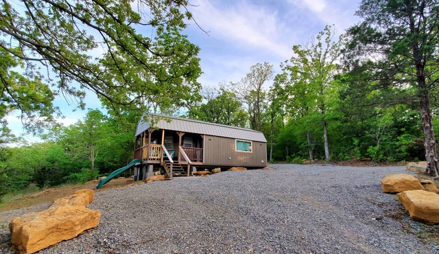 Cozy tiny cabin nested in the trees in a lake community, peaceful countryside.